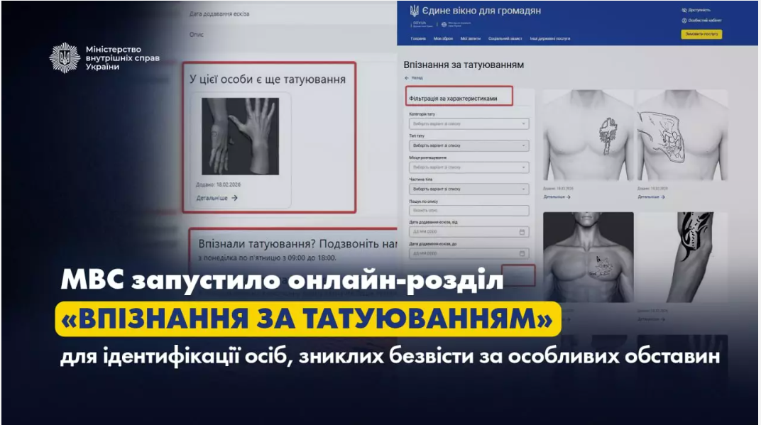 МВС запустило онлайн-розділ «Впізнання за татуюванням» для ідентифікації осіб, зниклих безвісти за особливих обставин